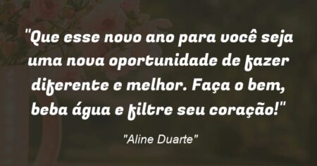“Que esse novo ano para você seja uma nova oportunidade de fazer diferente e melhor. Faça o bem, beba água e filtre seu coração!”