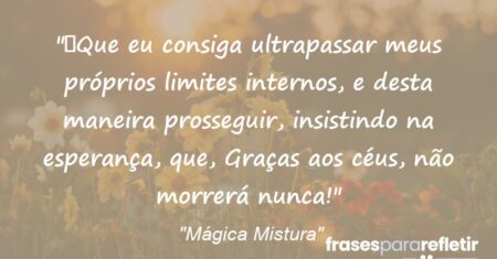 “Que eu consiga ultrapassar meus próprios limites internos, e desta maneira prosseguir, insistindo na esperança, que, Graças aos céus, não morrerá nunca!”