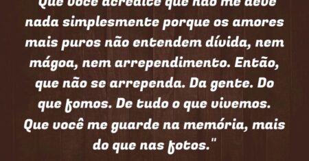 “Que você acredite que não me deve nada simplesmente porque os amores mais puros não entendem dívida, nem mágoa, nem arrependimento. Então, que não se arrependa. Da gente. Do que fomos.”