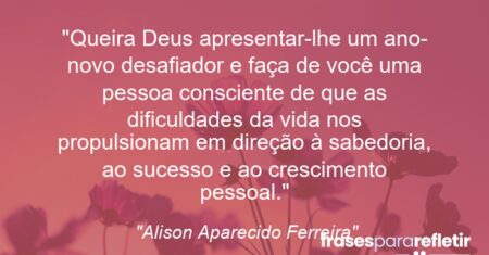 “Queira Deus apresentar-lhe um ano-novo desafiador e faça de você uma pessoa consciente de que as dificuldades da vida nos propulsionam em direção à sabedoria, ao sucesso e ao crescimento pessoal.”