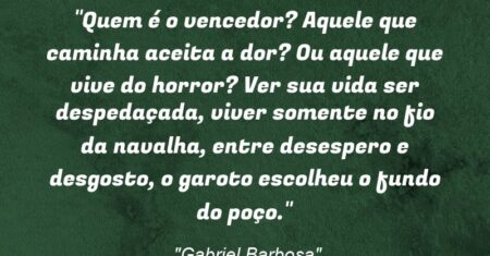“Quem é o vencedor? Aquele que caminha aceita a dor? Ou aquele que vive do horror? Ver sua vida ser despedaçada, viver somente no fio da navalha, entre desespero e desgosto, o garoto escolheu o fundo do poço.”