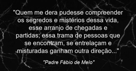 “Quem me dera pudesse compreender os segredos e mistérios dessa vida, esse arranjo de chegadas e partidas; essa trama de pessoas que se encontram, se entrelaçam e misturadas ganham outra direção…”