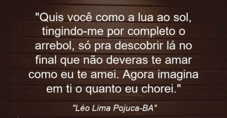 “Quis você como a lua ao sol, tingindo-me por completo o arrebol, só pra descobrir lá no final que não deveras te amar como eu te amei. Agora imagina em ti o quanto eu chorei.”