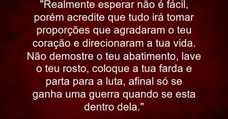 “Realmente esperar não é fácil, porém acredite que tudo irá tomar proporções que agradaram o teu coração e direcionaram a tua vida. Não demostre o teu abatimento, lave o teu rosto, coloque a tua farda e parta para a luta, afinal só se ganha uma guerra quando se esta dentro dela.”