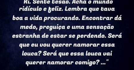 “Ri. Sente tesão. Acha o mundo ridículo e feliz. Lembra que tava boa a vida procurando. Encontrar dá medo, preguiça e uma sensação estranha de estar se perdendo. Será que eu vou querer namorar essa louca? Será que essa louca vai querer namorar comigo? (…)”