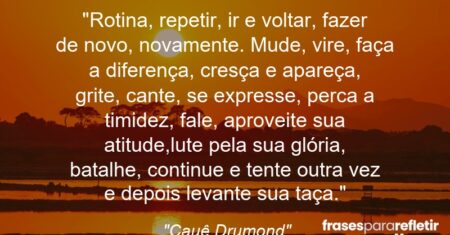 “Rotina, repetir, ir e voltar, fazer de novo, novamente. Mude, vire, faça a diferença, cresça e apareça, grite, cante, se expresse, perca a timidez, fale, aproveite sua atitude,lute pela sua glória, batalhe, continue e tente outra vez e depois levante sua taça.”