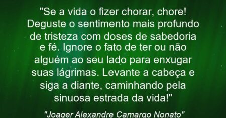 “Se a vida o fizer chorar, chore! Deguste o sentimento mais profundo de tristeza com doses de sabedoria e fé. Ignore o fato de ter ou não alguém ao seu lado para enxugar suas lágrimas. Levante a cabeça e siga a diante, caminhando pela sinuosa estrada da vida!”