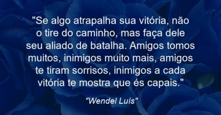 “Se algo atrapalha sua vitória, não o tire do caminho, mas faça dele seu aliado de batalha. Amigos tomos muitos, inimigos muito mais, amigos te tiram sorrisos, inimigos a cada vitória te mostra que és capais.”