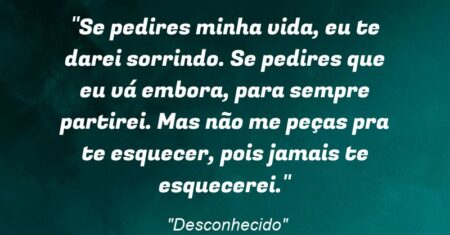 “Se pedires minha vida, eu te darei sorrindo. Se pedires que eu vá embora, para sempre partirei. Mas não me peças pra te esquecer, pois jamais te esquecerei.”