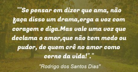 “Se pensar em dizer que ama, não faça disso um drama,erga a voz com coragem e diga.Mas vale uma voz que declama o amor,que não tem medo ou pudor, de quem crê no amor como cerne da vida!”.”
