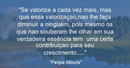 “Se valorize a cada vez mais, mas que essa valorizaçao,nao lhe faça diminuir a ninguém, pois mesmo os que nao souberam lhe olhar em sua verdadeira essência tem uma certa contribuiçao para seu crescimento…..”