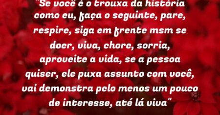 “Se você é o trouxa da história como eu, faça o seguinte, pare, respire, siga em frente msm se doer, viva, chore, sorria, aproveite a vida, se a pessoa quiser, ele puxa assunto com você, vai demonstra pelo menos um pouco de interesse, até lá viva”
