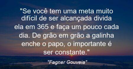 “Se você tem uma meta muito difícil de ser alcançada divida ela em 365 e faça um pouco cada dia. De grão em grão a galinha enche o papo, o importante é ser constante.”