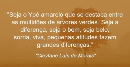 “Seja o Ypê amarelo que se destaca entre as multidões de arvores verdes. Seja a diferença, seja o bem, seja belo, sorria, viva, pequenas atitudes fazem grandes diferenças.”