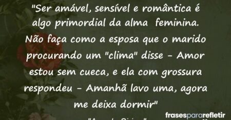 “Ser amável, sensível e romântica é algo primordial da alma feminina. Não faça como a esposa que o marido procurando um “clima” disse: – Amor estou sem cueca, e ela com grossura respondeu: – Amanhã lavo uma, agora me deixa dormir”