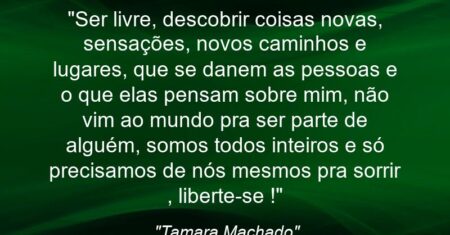 “Ser livre, descobrir coisas novas, sensações, novos caminhos e lugares, que se danem as pessoas e o que elas pensam sobre mim, não vim ao mundo pra ser parte de alguém, somos todos inteiros e só precisamos de nós mesmos pra sorrir , liberte-se !”
