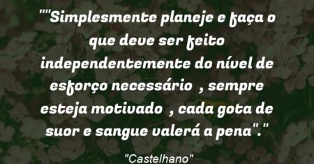 “Simplesmente planeje e faça o que deve ser feito independentemente do nível de esforço necessário , sempre esteja motivado , cada gota de suor e sangue valerá a pena”.”
