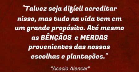 “Talvez seja difícil acreditar nisso, mas tudo na vida tem em um grande propósito. Até mesmo as BÊNÇÃOS e MERDAS provenientes das nossas escolhas e plantações.”