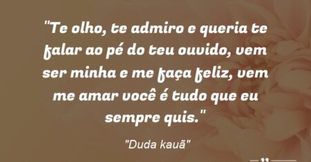 “Te olho, te admiro e queria te falar ao pé do teu ouvido, vem ser minha e me faça feliz, vem me amar você é tudo que eu sempre quis.”