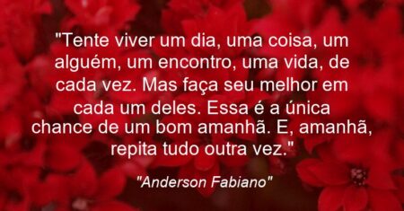 “Tente viver um dia, uma coisa, um alguém, um encontro, uma vida, de cada vez. Mas faça seu melhor em cada um deles. Essa é a única chance de um bom amanhã. E, amanhã, repita tudo outra vez.”