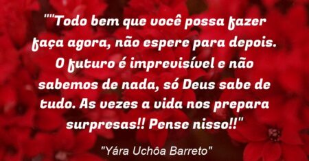 “Todo bem que você possa fazer faça agora, não espere para depois. O futuro é imprevisível e não sabemos de nada, só Deus sabe de tudo. As vezes a vida nos prepara surpresas!! Pense nisso!!”