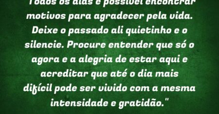 “Todos os dias é possível encontrar motivos para agradecer pela vida. Deixe o passado ali quietinho e o silencie. Procure entender que só o agora e a alegria de estar aqui e acreditar que até o dia mais difícil pode ser vivido com a mesma intensidade e gratidão.”