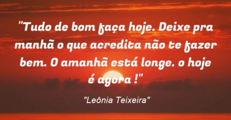 “Tudo de bom faça hoje. Deixe pra manhã o que acredita não te fazer bem. O amanhã está longe. o hoje é agora !”