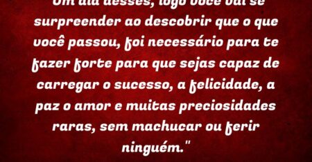 “Um dia desses, logo você vai se surpreender ao descobrir que o que você passou, foi necessário para te fazer forte para que sejas capaz de carregar o sucesso, a felicidade, a paz o amor e muitas preciosidades raras, sem machucar ou ferir ninguém.”