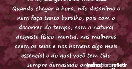 “Vê lá, seu garanhão machista! Quando chegar a hora, não desanime e nem faça tanto barulho, pois com o decorrer do tempo, com o natural desgaste físico-mental, nas mulheres caem os seios e nos homens algo mais essencial e do qual você tem tido sempre demasiado orgulho!”