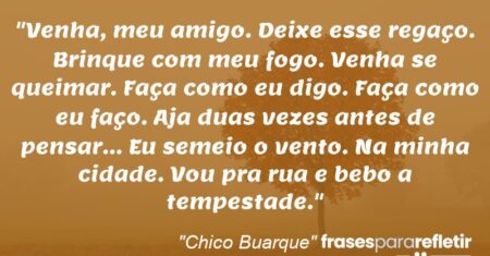 “Venha, meu amigo. Deixe esse regaço. Brinque com meu fogo. Venha se queimar. Faça como eu digo. Faça como eu faço. Aja duas vezes antes de pensar… Eu semeio o vento. Na minha cidade. Vou pra rua e bebo a tempestade.”