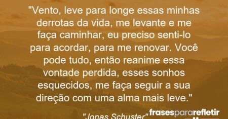 “Vento, leve para longe essas minhas derrotas da vida, me levante e me faça caminhar, eu preciso senti-lo para acordar, para me renovar. Você pode tudo, então reanime essa vontade perdida, esses sonhos esquecidos, me faça seguir a sua direção com uma alma mais leve.”