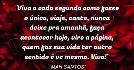 “Viva a cada segundo como fosse o único, viaje, cante, nunca deixe pra amanhã, faça acontecer hoje, vire a página, quem faz sua vida ter outro sentido é vc mesmo. Viva!”