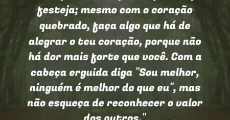 “Viva, divirta-se, chore, sorria, festeja; mesmo com o coração quebrado, faça algo que há de alegrar o teu coração, porque não há dor mais forte que você. Com a cabeça erguida diga: “Sou melhor, ninguém é melhor do que eu”, mas não esqueça de reconhecer o valor dos outros.”