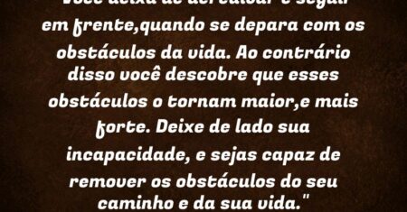 “Você deixa de acreditar e seguir em frente,quando se depara com os obstáculos da vida. Ao contrário disso você descobre que esses obstáculos o tornam maior,e mais forte. Deixe de lado sua incapacidade, e sejas capaz de remover os obstáculos do seu caminho e da sua vida.”