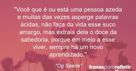 “Você que é ou está uma pessoa azeda e muitas das vezes asperge palavras ácidas, não faça da vida esse suco amargo, mas extraia dela o doce da sabedoria, porque em meio a esse viver, sempre há um novo aprendizado.”