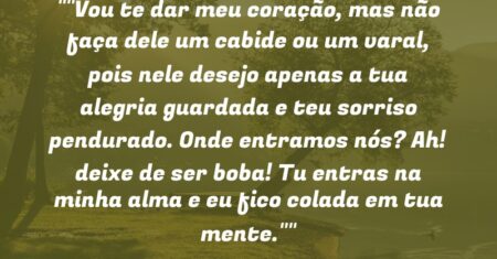 “”Vou te dar meu coração, mas não faça dele um cabide ou um varal, pois nele desejo apenas a tua alegria guardada e teu sorriso pendurado. Onde entramos nós? Ah! deixe de ser boba! Tu entras na minha alma e eu fico colada em tua mente.””