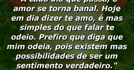 “A cada dia que passa, o amor se torna banal. Hoje em dia dizer te amo, é mas simples do que falar te odeio. PREFIRO QUE DIGA QUE MIM ODEIA, POIS EXISTEM MAS POSSIBILIDADES DE SER UM SENTIMENTO VERDADEIRO.”