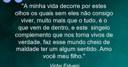 “A minha vida decorre por estes olhos os quais sem eles não consigo viver, muito mais que o tudo, é o que vem de dentro, e este singelo complemento que nos torna vivos de verdade, faz esse mundo cheio de maldade ter um algum sentido. Amo você meu filho.”