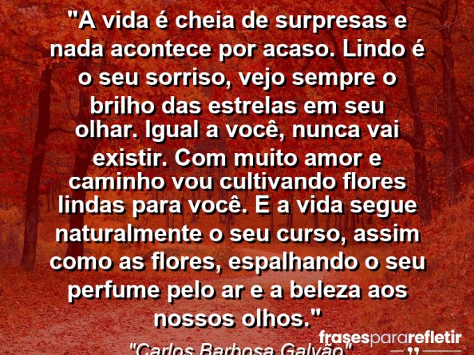 Frases de Amor: mensagens românticas e apaixonantes - “A vida é cheia de surpresas e nada acontece por acaso. Lindo é o seu sorriso, vejo sempre o brilho das estrelas em seu olhar. Igual a você, nunca vai existir. Com muito amor e caminho vou cultivando flores lindas para você. E a vida segue naturalmente o seu curso, assim como as flores, espalhando o seu perfume pelo ar e a beleza aos nossos olhos.”