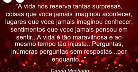 “A vida nos reserva tantas surpresas, coisas que voce jamais imaginou acontecer, lugares que voce jamais imaginou conhecer, sentimentos que voce jamais pensou em sentir…A vida é tão maravilhosa e ao mesmo tempo tão injusta…Perguntas, inúmeras perguntas sem respostas…por enquanto…”