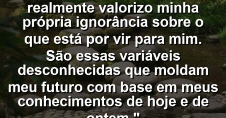 “Álgebra da Vida 101 – Eu realmente valorizo minha própria ignorância sobre o que está por vir para mim. São essas variáveis desconhecidas que moldam meu futuro com base em meus conhecimentos de hoje e de ontem.”