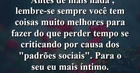 “Antes de mais nada , lembre-se sempre: você tem coisas muito melhores para fazer do que perder tempo se criticando por causa dos “Padrões Sociais”. para o seu eu mais íntimo.