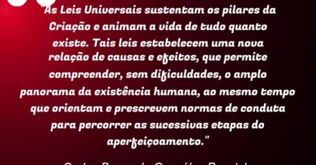 “As Leis Universais sustentam os pilares da Criação e animam a vida de tudo quanto existe. Tais leis estabelecem uma nova relação de causas e efeitos, que permite compreender, sem dificuldades, o amplo panorama da existência humana, ao mesmo tempo que orientam e prescrevem normas de conduta para percorrer as sucessivas etapas do aperfeiçoamento.”