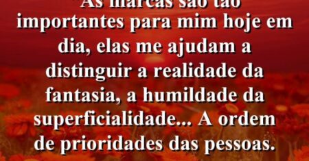 “As marcas são tão importantes para mim hoje em dia, elas me ajudam a distinguir a realidade da fantasia, a humildade da superficialidade… a ordem de prioridades das pessoas.