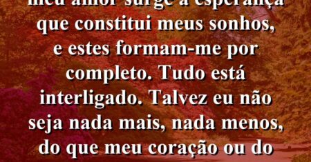 “Com o coração eu amo. Do meu amor surge a esperança que constitui meus sonhos, e estes formam-me por completo. Tudo está interligado. Talvez eu não seja nada mais, nada menos, do que meu coração ou do meu simples amor.”