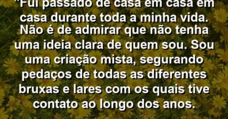 “Fui passado de casa em casa em casa durante toda a minha vida. Não é de admirar que não tenha uma ideia clara de quem sou. Sou uma criação mista, segurando pedaços de todas as diferentes bruxas e lares com os quais tive contato ao longo dos anos.