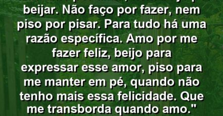 “Não amo por amar, nem beijo por beijar. Não faço por fazer, nem piso por pisar. Para tudo há uma razão específica. Amo por me fazer feliz, beijo para expressar esse amor, piso para me manter em pé, quando não tenho mais essa felicidade. Que me transborda quando amo.”