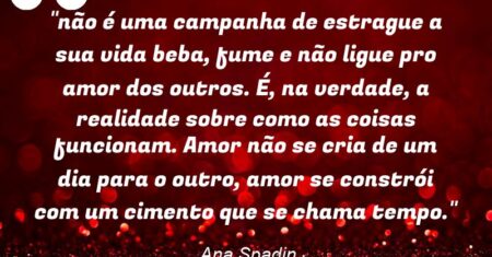 “não é uma campanha de estrague a sua vida: beba, fume e não ligue pro amor dos outros. É, na verdade, a realidade sobre como as coisas funcionam. Amor não se cria de um dia para o outro, amor se constrói com um cimento que se chama tempo.”