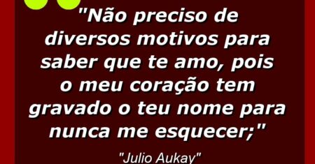 “Não preciso de diversos motivos para saber que te amo, pois o meu coração tem gravado o teu nome para nunca me esquecer;”
