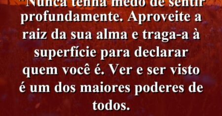 “Nunca tenha medo de sentir profundamente. Aproveite a raiz da sua alma e traga-a à superfície para declarar quem você é. Ver e ser visto é um dos maiores poderes de todos.